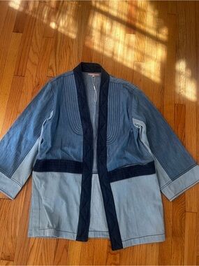 New Friends Colony Free People Patchwork Light and Dark Blue Denim Kimono Jacket